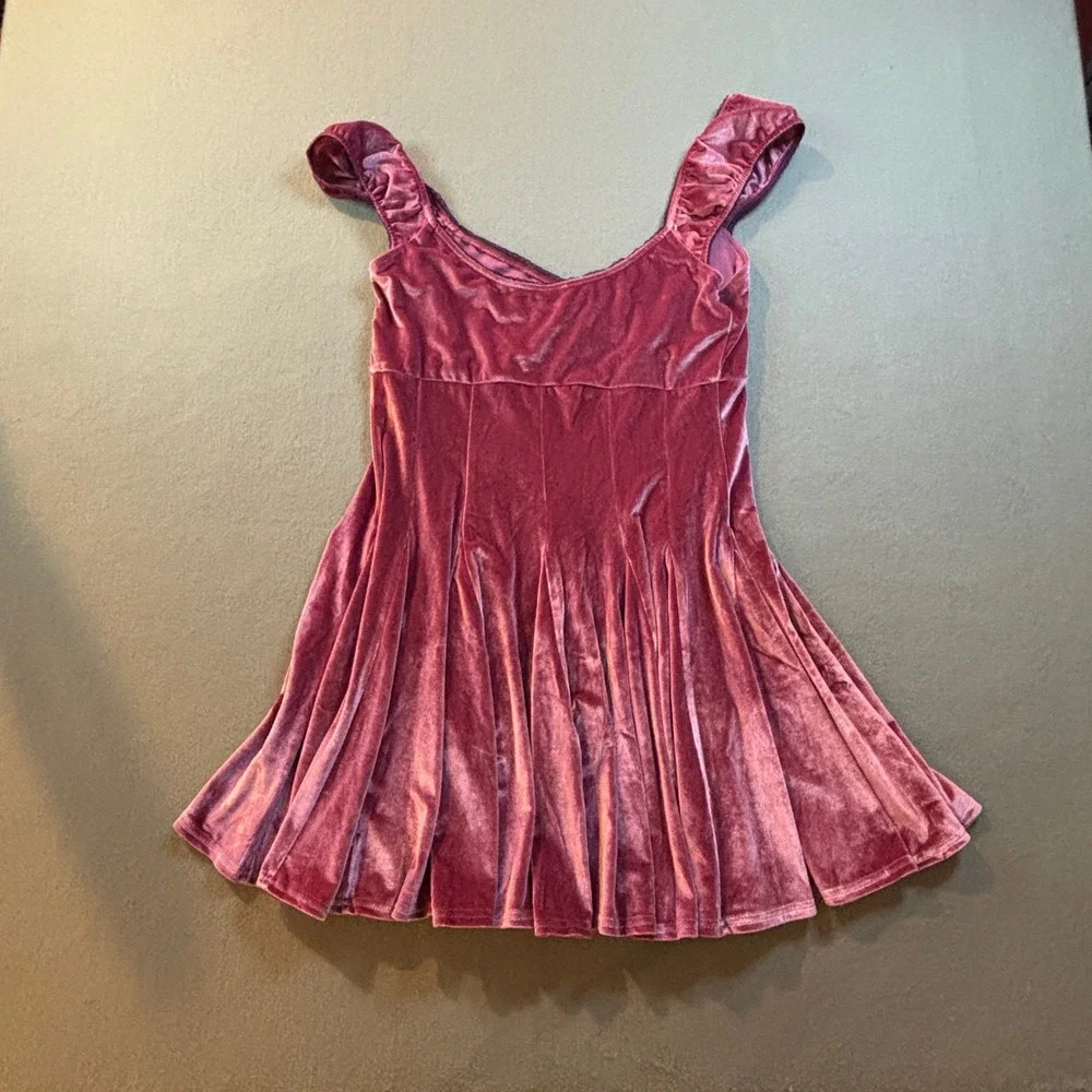 Free People Womens L Pink Velvet Fit & Flare Mini Dress Ruffle Y2K Coquette NWOT